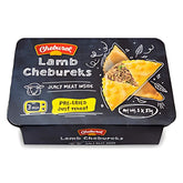 The Cheburek - Lamb Chebureks pack (3 x 83g) offers a gourmet experience with "Juicy Lamb Filling Inside" and "Pre-Fried Just Reheat," featuring an image of the savory dish.